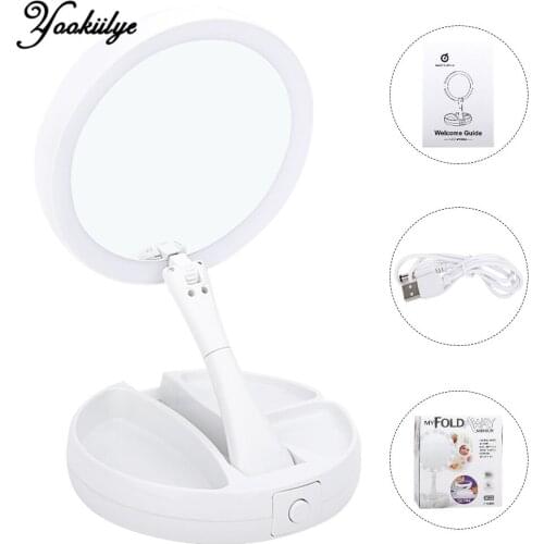 Foldable Led Makeup Mirror 10X Magnifying Table Mirror Vanity Cosmetic Mirror with Light Double-sided USB Charging Storage White