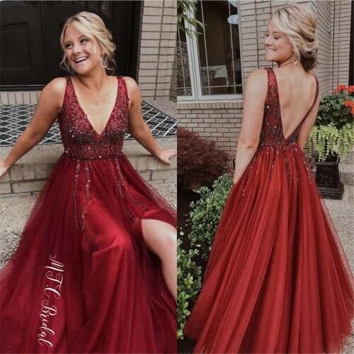 Gorgeous Burgundy Beaded Tulle Long Evening Dress V Neck Backless Sexy Prom Gowns 2019 Custom Made Formal Occasion Women Dress