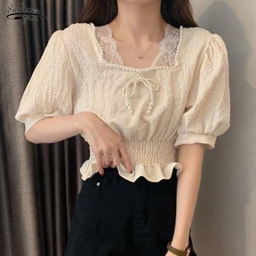 Vintage Puff Sleeve Shirts For Women Square Collar Beading Woman Blouses White Korean Short Style Summer Tops Blusas Mujer 15332