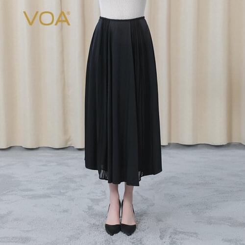 VOA Silk Elastic Twill Natural Waist Braided Hair Decoration Summer Womens Black Skirt 2021 CE80 Long Skirts Female Clothing