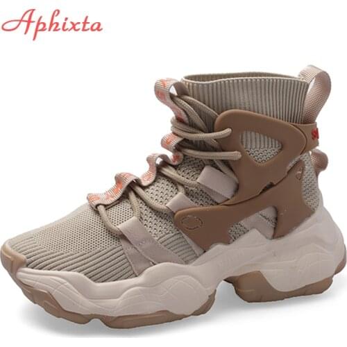 Aphixta knitting Womens Sneakers Platform Ankle Boots Fabric Height Increasing Mujer Autumn Fashion Woman Shoes