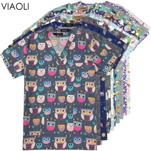 High Cartoon print surgical uniforms pharmacy hospital nurse scrubs tops breathable beauty salon dentistry pet doctor overalls