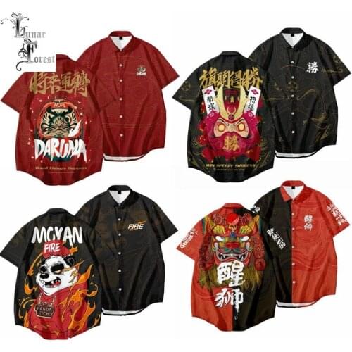 Funny DARUMA FIRE PANDA Printing Unisex Shirt Women/Men Casual Summer Short Sleeve Cool Loose Button Streetwear Overclothes