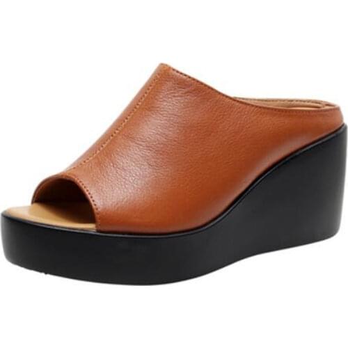 2019 Famous Fish Mouth Summer Leather Sandals Platform Wedges Slippers Comfort Soft Cowhide Casual Slippers Women Shoes Sandals