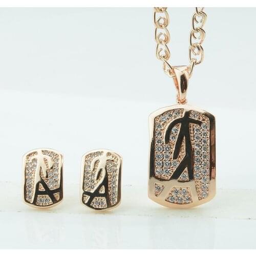 FJ Women 585 Gold Color Square Multi Crystal Stud Earrings Pendant Jewelry Sets+Optional Chains
