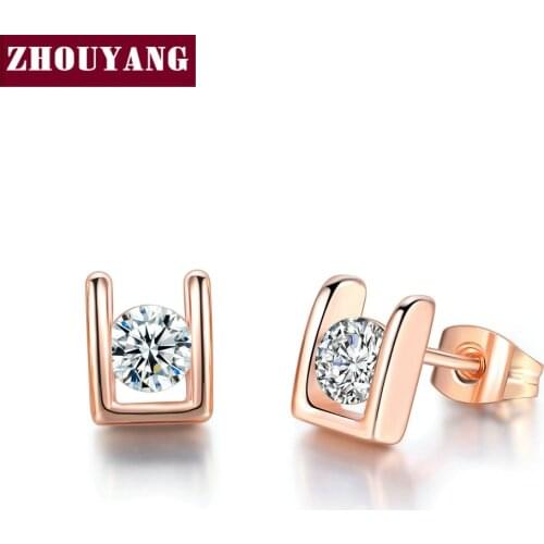 ZHOUYANG Stud Earrings For Woman Lady Style Cubic Zirconia Austrian Crystal Rose Gold Color Fashion Jewelry Gift ZYE216