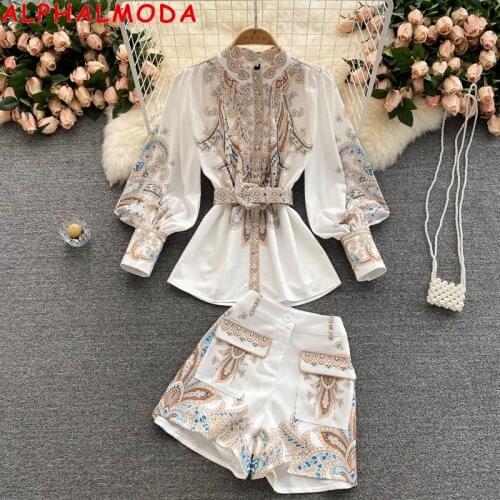 ALPHALMODA 2021 Court Style Suit Womens New Puff Sleeve Vintage Belted Printed Shirt + Pocket High Waist Shorts 2pcs Suit
