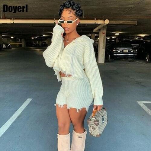 Knitted Two Piece Women Sets Clothes 2021 Zip Up Sweater Top Shorts Sets Knitted Suit Autumn Winter 2 Piece Sets Womens Outfits