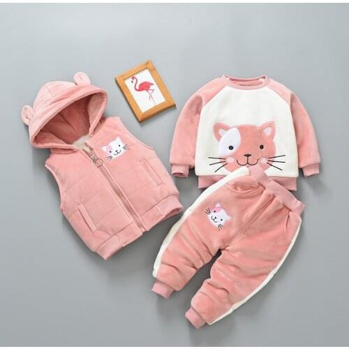 Winter Girls Clothing Set Thicken Warm Suits Baby Kids Cartoon Long Sleeve Sweater Vest And Pants 3pcs Outfits Child Sport Wear