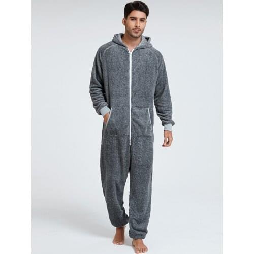 Winter Men Zipper Solid Leisure Soft Hooded Sleepwear Flannel Pajamas Jumpsuit Long Sleeve Warm Homewear
