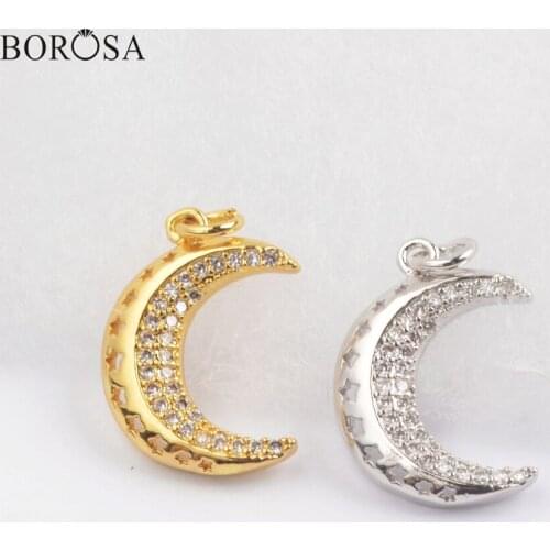 BOROSA Gold/Silver Color Crescent Moon Charms Micro Pave CZ Moon Necklace Pendant Carved Star for Women Necklace Making WX1354