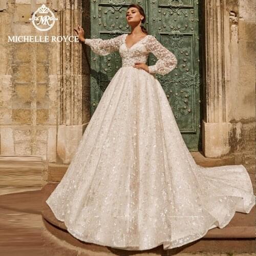 Michelle Royce Ball Gown Wedding Dresses 2020 Sexy V-Neckline Appliques Lantern Sleeve Button Bridal Gowns Vestido De Noiva