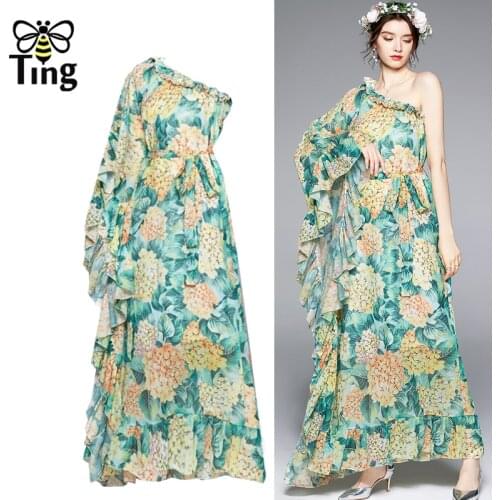 Tingfly Bohemian Fashion Flower Chiffon Maxi Long Dress Women Party Dresses Cold One Shoulder Relax Fited Vestidos with Sashes