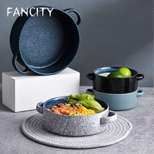 FANCITY Japanese style double ear bowl ceramic tableware large bowl fruit salad bowl simple household baked rice bowl large