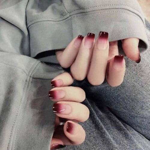 24PCS Wine Red Gradient Color Artificial Fake Full Finger Long Square Nails Acrylic False Nail Tips For Lady With Glue