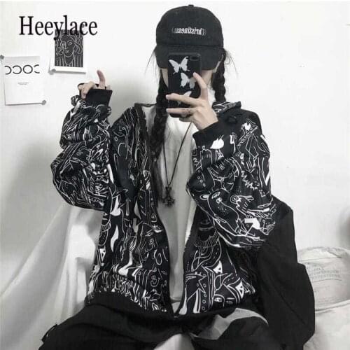 Korean Fashion Anime Print Oversized Women Hoodies Gothic Streetwear Graffiti Autumn Zip Up Female Sweatshirts Kawaii