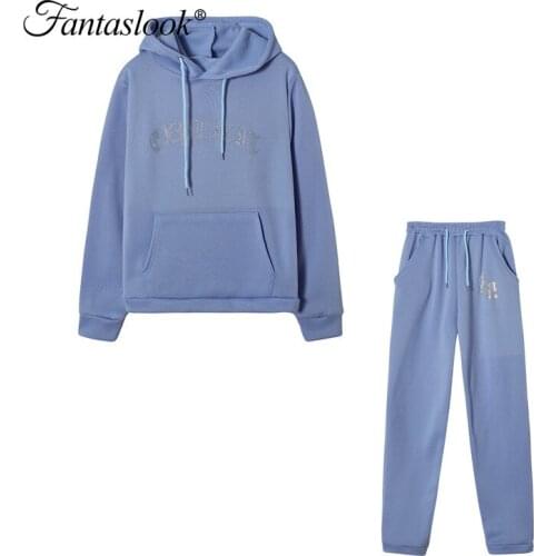 Women Tracksuit Autumn Winter Fleece Hoodies Two Piece Set Rhinestones Letter Jogging Sweatshirt Suit Solid Loose Long Pant Suit