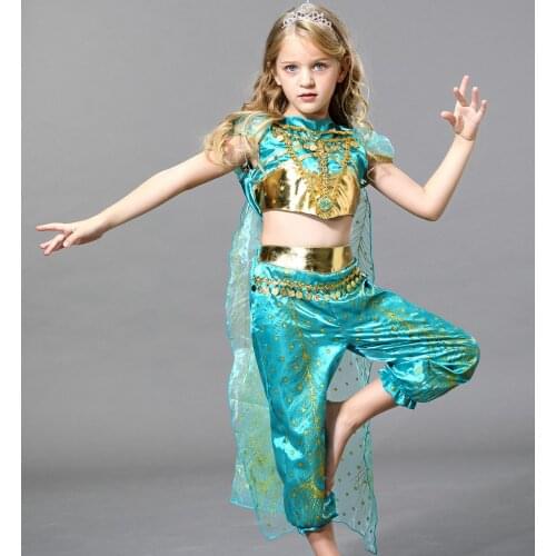 Aladdins Lamp Magic Jasmine Princess Cosplay Costume Girls Kid Summer Dance Top Pant Cosplay Costume Halloween Performance Suit