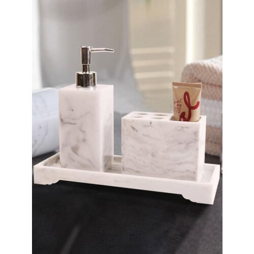 White Marble Texture Resin Bathroom Accessories Set Dispenser Toothbrush Holder Soap Dish With Storage Tray Bathroom Supplies Ki