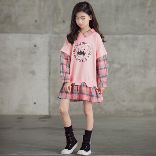 Kids Girls Hoodie Dress 10 12 years Plaid Patchwork Tops 2020 Autumn Long Sleeve Casual Teenage Girl Clothing