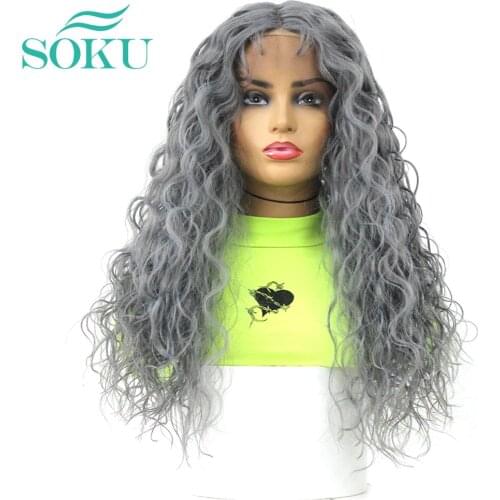 Synthetic Lace Front Wig Middle Part Blue Grey SOKU Heat Resistant Fiber For Black Women Loose Wave Lace Wig With Baby Hair