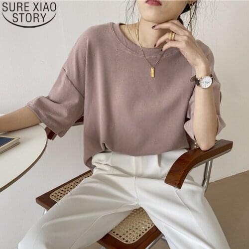 Plus Size Loose Fashion Summer Women Shirts Oversize O-Neck Simple Solid Bottoming Tops Cotton Short Sleeve T Shirt 9669