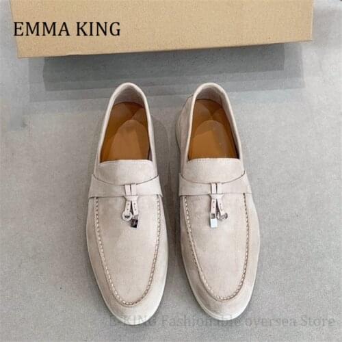 2021 Spring Autumn Women Kid Suede Flat Shoes Genuine Leather Hanged Metal Slip On Loafers Ladies Causal Lazy Shoes Women