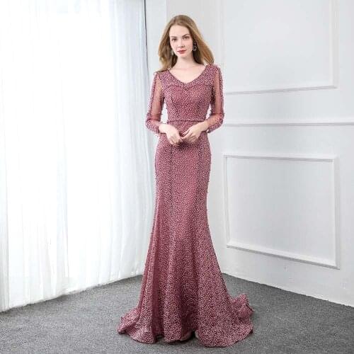 YQLNNE Elegant Dark Pink Lace Evening Dress Long Sleeve V Neck Beaded Mermaid Formal Women Evening Gown Party