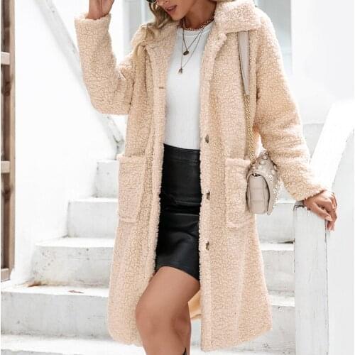 2021 Autumn Winter Women Lambswool Long Coat Warm Soft Lapel Plush Fleece Jackets Female Casual Streetwear Fashion Outwear Coats