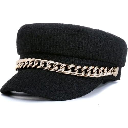Womens Retro Plaid Weave Flat Top Beret Cap Metal Chain Rope Solid Color Elegant Adjustable Newsboy Visor Military Navy Hat