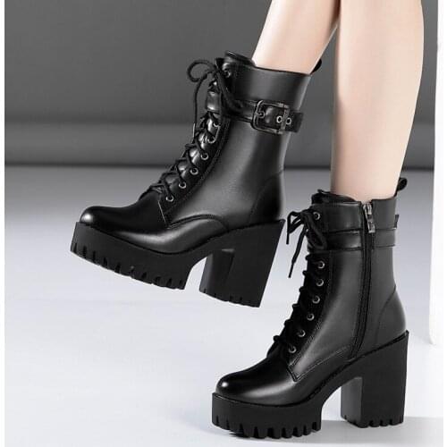 Plus Size 32-43 Platform Boots Women Ankle Boots Leather 2021 Fall Winter High Heels Boots Ladies Plush Motorcycle Boots