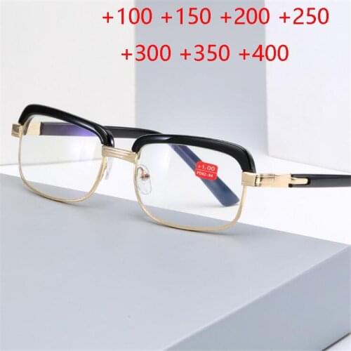 Women Men Glass Lens Reading Glasses Metal Blue Coating Full Frame Square Hyperopia Eyeglasses +100 +150 +200 +250 To +400