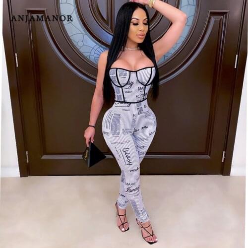 ANJAMANOR White Black Letter Print Bodyocn Corset Jumpsuit Womens Fashion 2020 Sexy Outfits for Woman Night Club Wear D6-CD25