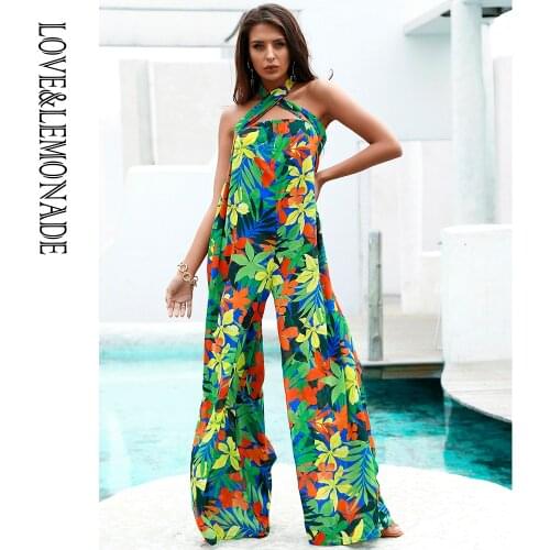 LOVE&LEMONADE Sexy Cross Straps Tube Top Straight Shape Green Leaf Print Summer Beach Jumpsuit LM83449