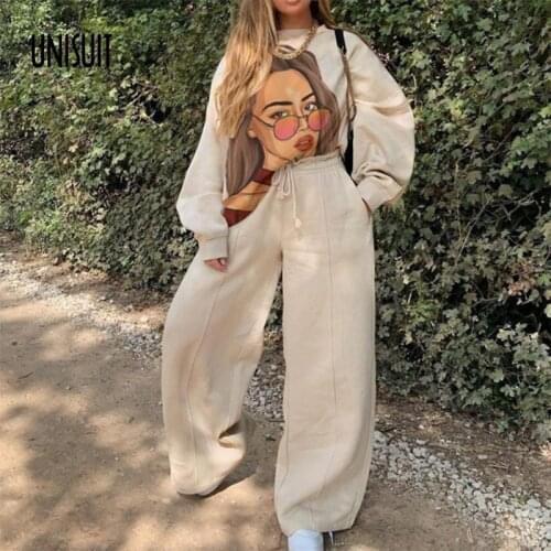 2021 Autumn Sweatshirt Suits Fashion Casual Long Sleeve Pattern Pullover Top + Pocket Loose pants Outfits Women Hooded Tracksuit