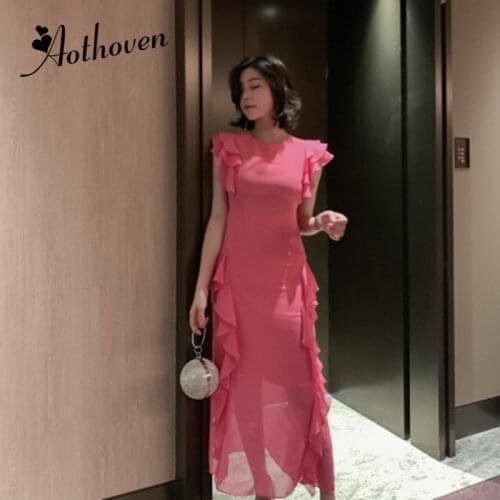 Summer Pink Ruffles Elegant Sexy Party Dresses O Neck Short Sleeve Maxi Chiffon Dress Women Office Bodycon Ladies Dress Vestidos
