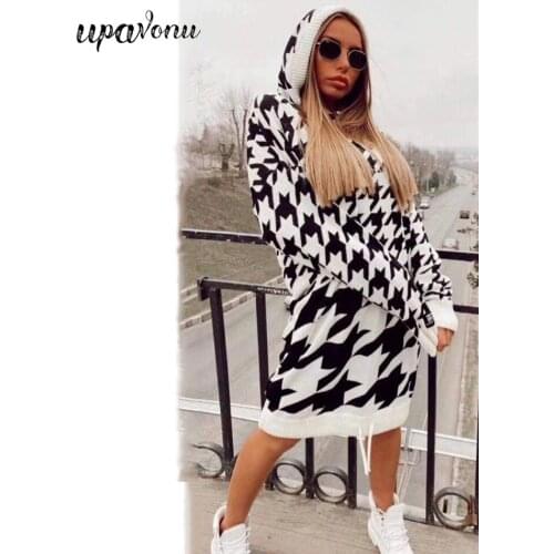 Free Shipping Fashion Loose Houndstooth Knit Dress 2021 Autumn Womens Casual Long Sleeve Hooded Hedging Midi Knit Dress Vestido