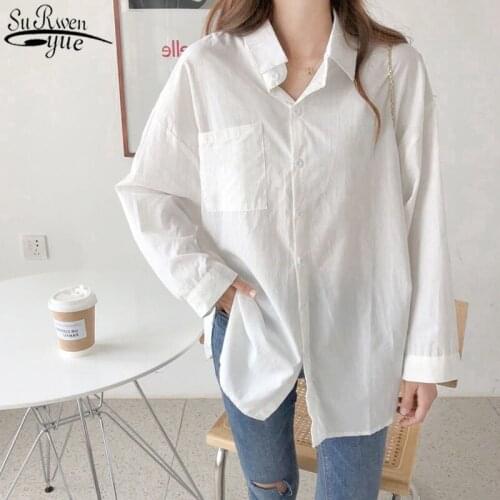 2021 Spring New White Shirt Women Loose Long Sleeve Blouse Pocket Turn Down Collar Casual Ladies Cotton and Linen Tops 12807