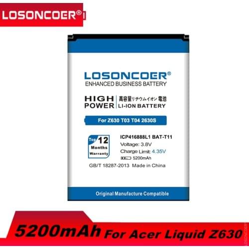 LOSONCOER 5200mAh BAT-T11 ICP416888L1 For Acer Liquid Z630S Z630 T03 T04 Mobile Phone Battery+Quick Arrive