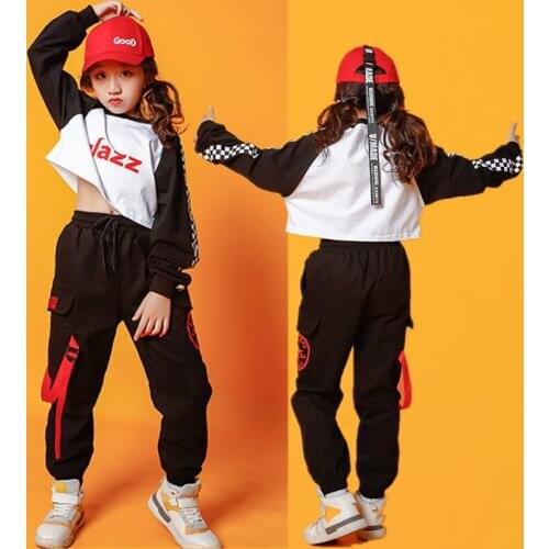 Kid Cool Hip Hop Clothing White Sweatshirt Top Crop Black Running Casual Pants for Girls Jazz Dance Costume Wear Dancing Clothes