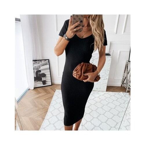 Elegant Summer Solid Color Pencil Dress for Women Patchwork Design V-Neck Short Sleeve Mid Waist Slim Hips Pullovers Lady Dress