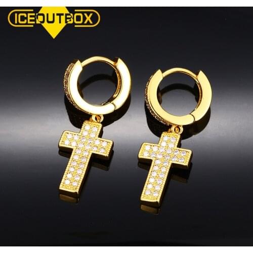 ICEOUTBOX Women Earrings Cubic Zirconia Bling Iced Out Cross Earring Gold Copper Earrings For Men Women Rock Hip Hop Jewelry