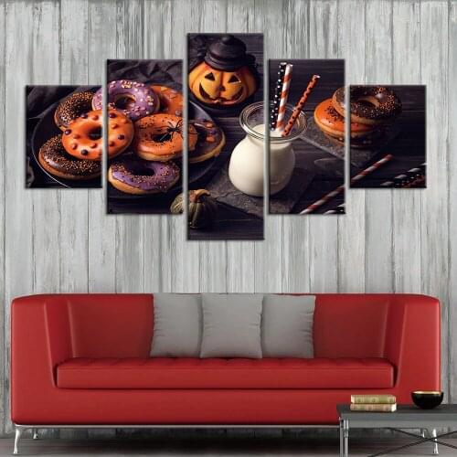 Painting on Canvas 5 Pcs Halloween Pumpkin Donuts Milk Food Posters and Prints Wall Art Pictures Home Decor