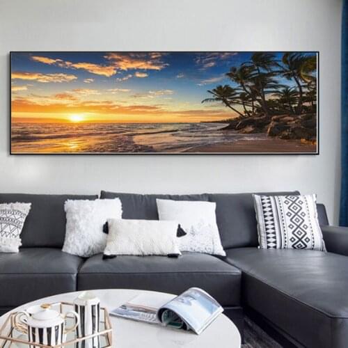 Sunsets Natural Sea Beach Coconut Palm Panorama Landscape Canvas Painting Posters and Prints Wall Art Picture for Living Room