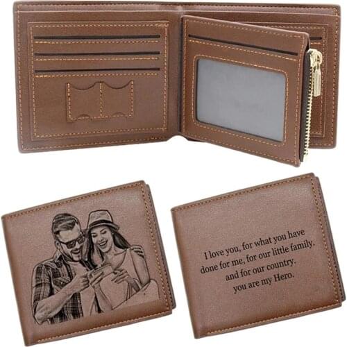 Engraving Picture Wallet DIY Customized Image Carving Text Mens Short Slim Three Fold Leather Fathers Day Zipper Coin Purse