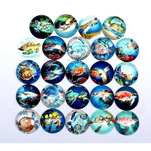 From 8mm to 30mm Random Mixed Round Sea turtle Animal Cabochons Pattern Glass Flatback Photo Base DIY Making Accessories Paired