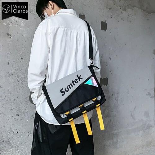 Cool Mens Reflection Shoulder Bag Fashion Ribbons Design Crossbody Bags for Teenagers Hip Hop Boys Panelled Message Bag 2021
