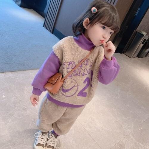 Cute Winter Warm Lining Clothes Girls Set Sweater Pants Kids Plus Velvet Toddler Teens Tops Thicken Children High Quality Gift