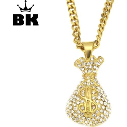 Mens Stainless Steel Money Bag Punk Pendant Necklace Gold Color Hip Hop Iced Out Bling Rhinestone Charming Jewelry
