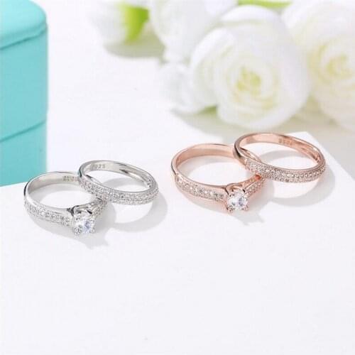 Luxury Jewelry 925 Sterling Silver Round Cut 5A White Clear Cubic Zirconia Couple Rings Women Wedding Bridal Ring Set Gift